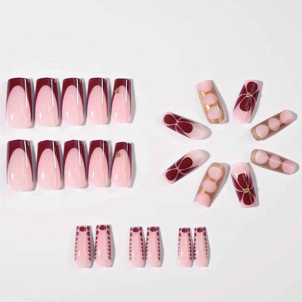 24Pcs Retro Flower Long Coffin French Fake Nails Caviar Bead Floral Gold Hollow Design Press On Nail Tips Y2k Acrylic False Nail