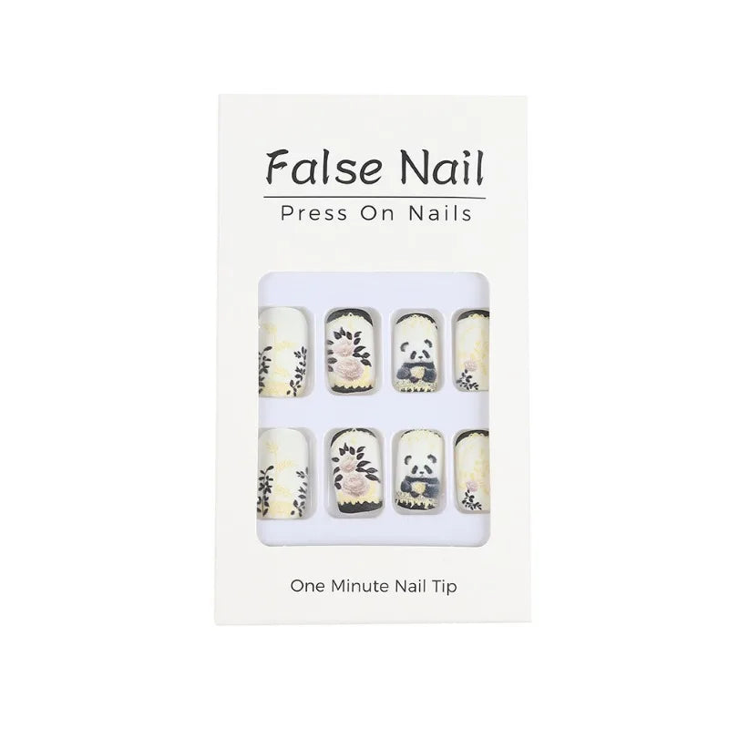 24Pcs Cute Square Stick on Fake Nail with Cartoon Panda Flower Pattern French Nail Art Acrylic Detachable Fashion False Nail Tip
