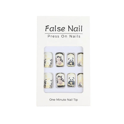 24Pcs Cute Square Stick on Fake Nail with Cartoon Panda Flower Pattern French Nail Art Acrylic Detachable Fashion False Nail Tip