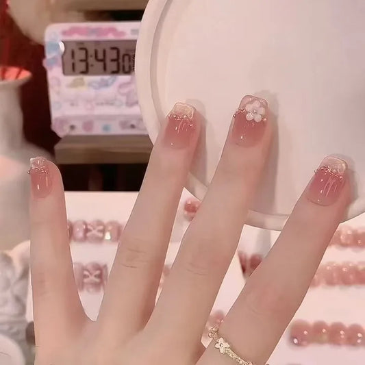 10pcs Pink Cat Eye Press on Nails 3D Glitter Diamond False Nails French Flower Fake Nails Handmade Nail Short Square Nail Art