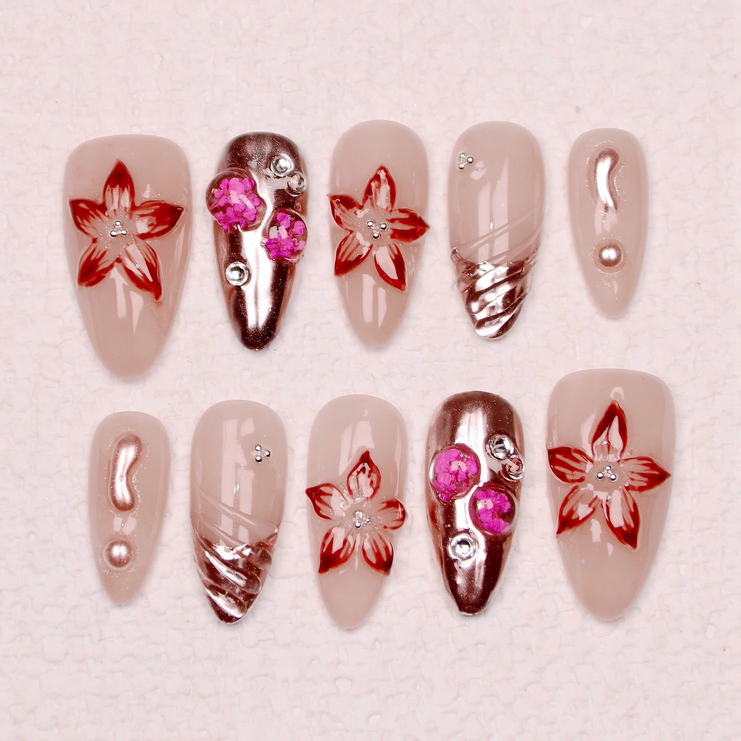 10Pcs Handmade Manicure Medium Almond Fake Nails Unique 3D New Cut bow Flowers Press On Nails Design with Adhesive Nail File Set