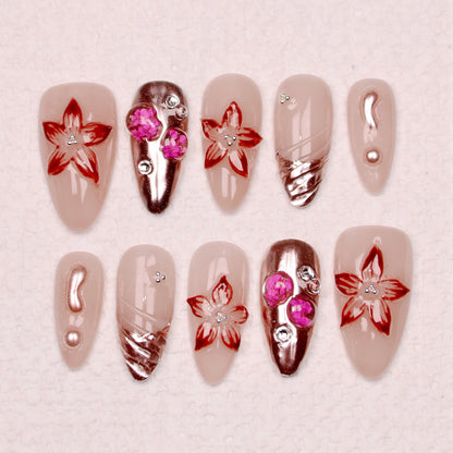 10Pcs Handmade Manicure Medium Almond Fake Nails Unique 3D New Cut bow Flowers Press On Nails Design with Adhesive Nail File Set