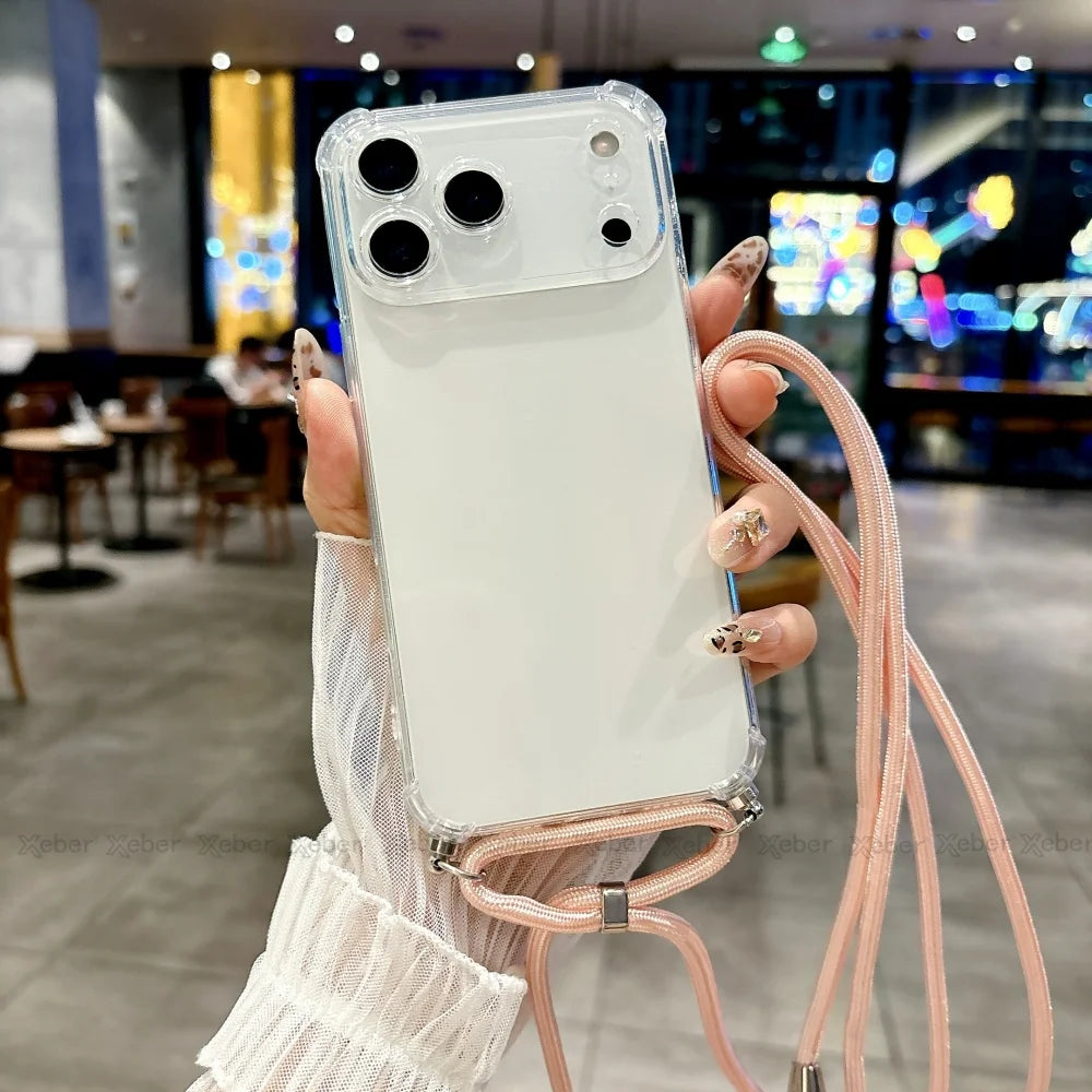 Shockproof Clear Soft Bumper Case For iPhone 17 16 15 14 Pro Max Plus Crossbody Lanyard Necklace Strap Cord Nylon Rope Cover
