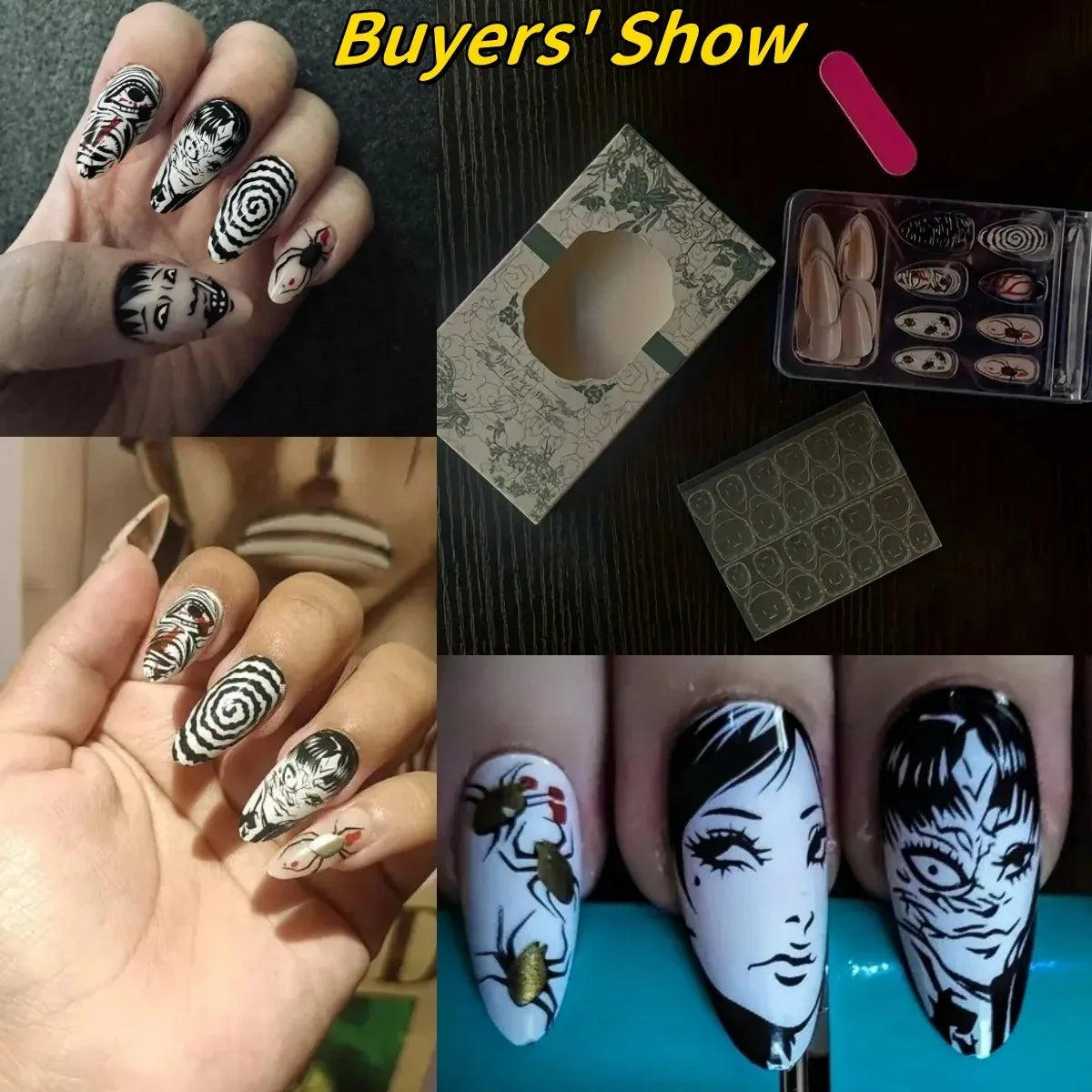 24Pcs Horror Comic Tomie Press on Nails Almond Glossy Black Japanese Anime Nails Reusable Halloween False Nail Tips for Girls
