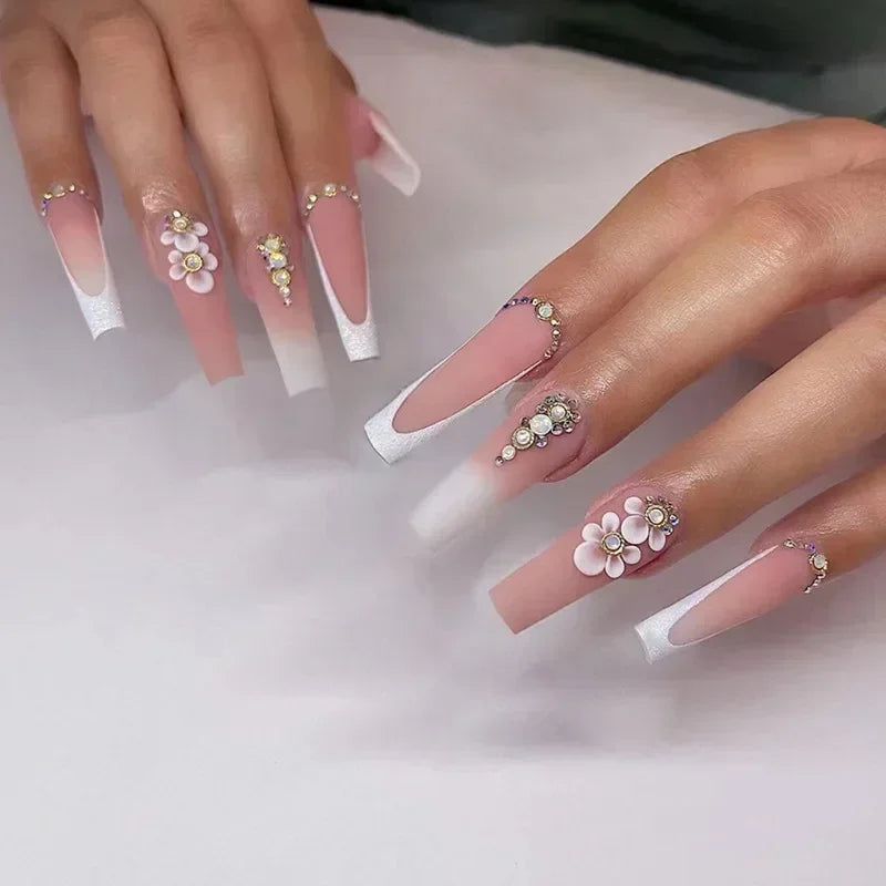 24Pcs White French Fake Nails with Glitter Rose Pattern Press on False Nails Gold Edge Line Design Artificial Nail Tips Art Long
