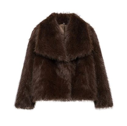KONDALA 2025 Fall Winter Casual Faux Fur Brown Women Warm Jackets Streetwear Turn Down Collar Christmas Oversized Elegant Coats