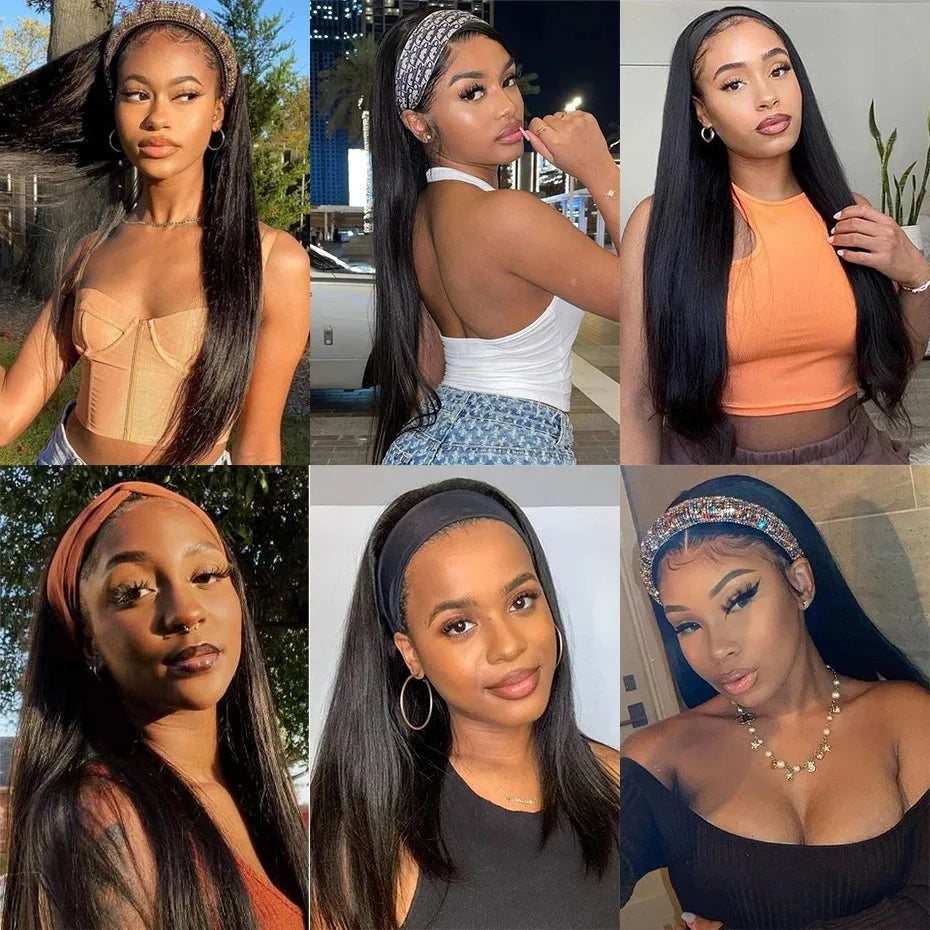 Bling Hair Headband Bone Straight Wig 180% Density Brazilian Human Hair Bone Straight Wigs For Women Glueless Wig