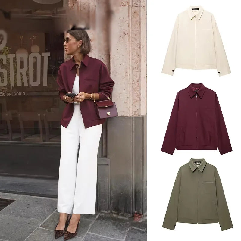 2025 Women Solid Wine Red Jacket Coat Long Sleeve Zipper Cropped Tops Female Casual Chic Tops Woman Fashion High Street