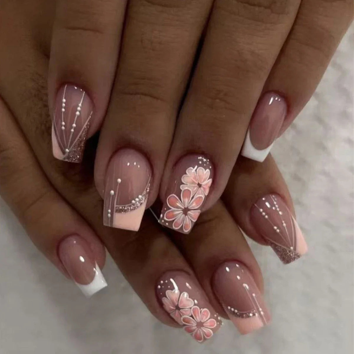 24pcs Sweet Cool False Nails Gradient French Fake Nail Tips with Purple Flowers Design Short Square Press on Nails Colorful Nail
