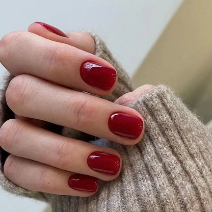 24pcs Crystal Cat Eye False Nails with Glue Short Square Press on Nails Shiny Red Jewel Nail Solid Color Fake Nails Minimalis