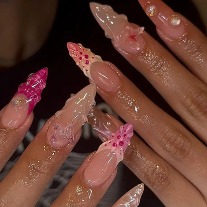 Pink Magic Mirror French 3D Flowers Nail Art Fashion Almond Wearable False Nails Detachable Finished Fake Nails Press on Nails