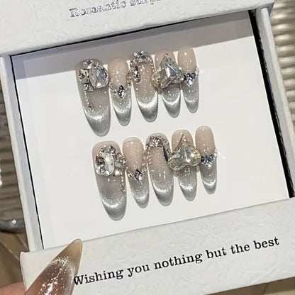 10pcs high-end Diamond-encrusted cat's eye French style handmade fake nails, Long nail decorative patches with a light luxury st