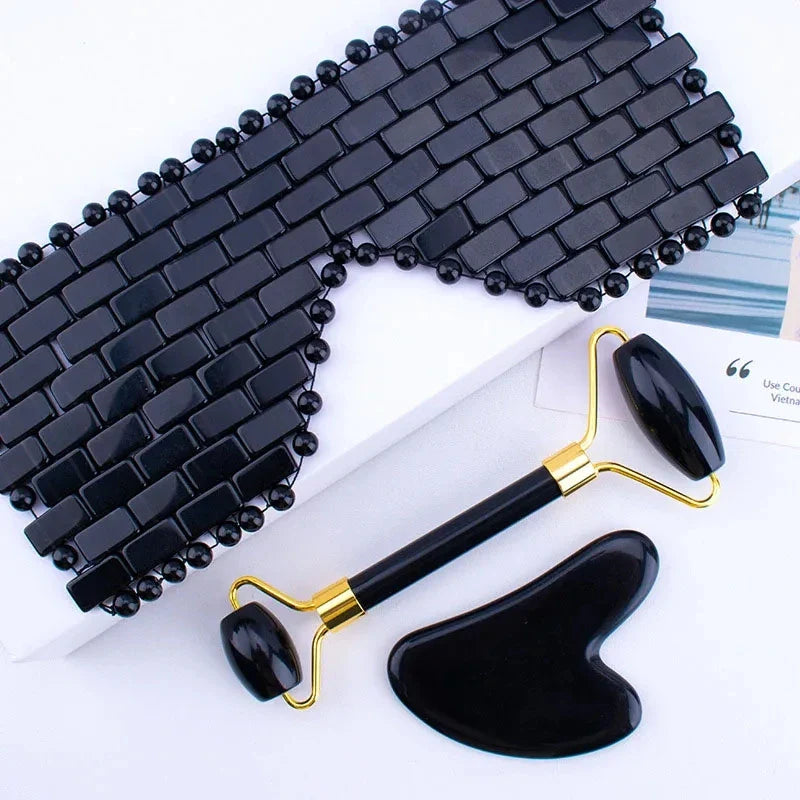 3Pcs Natural Jade Eye Mask Rose Quartz Jade Roller And Guasha Board Massager Set Cold therapy Scraper Skin Care With Box