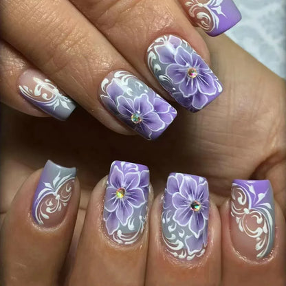24pcs Short Square Amber Flower Fake Nail with Glue Wearable Autumn Designs Press on Nails Full Cover  Acrylic False Nails Tips