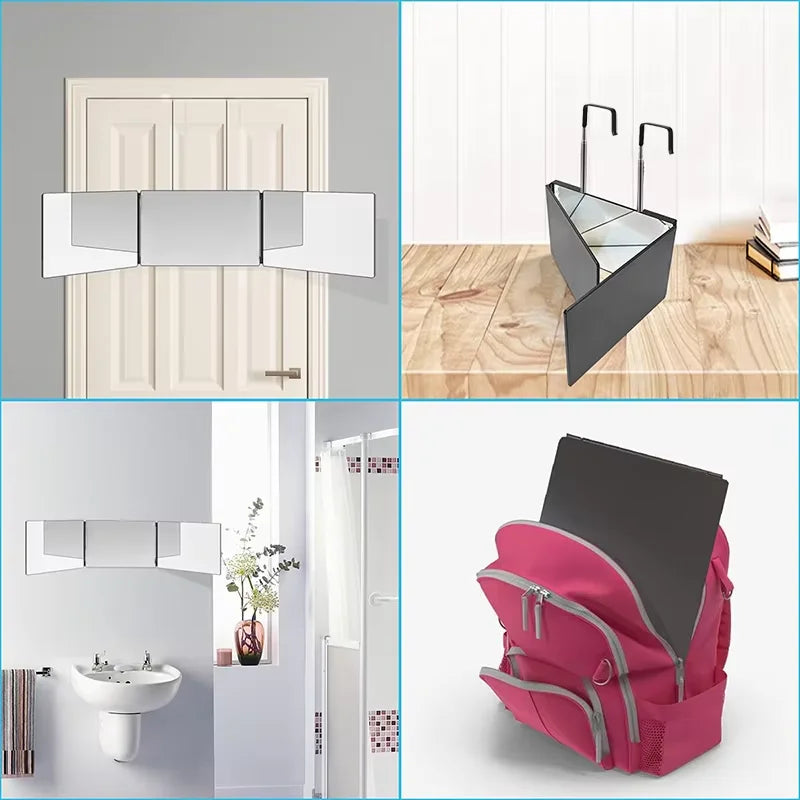 Black Portable 360 Trifold Mirror with Height Adjustable Telescoping Hooks Ideal for Self Hair Cutting Makeup Essential Fordable