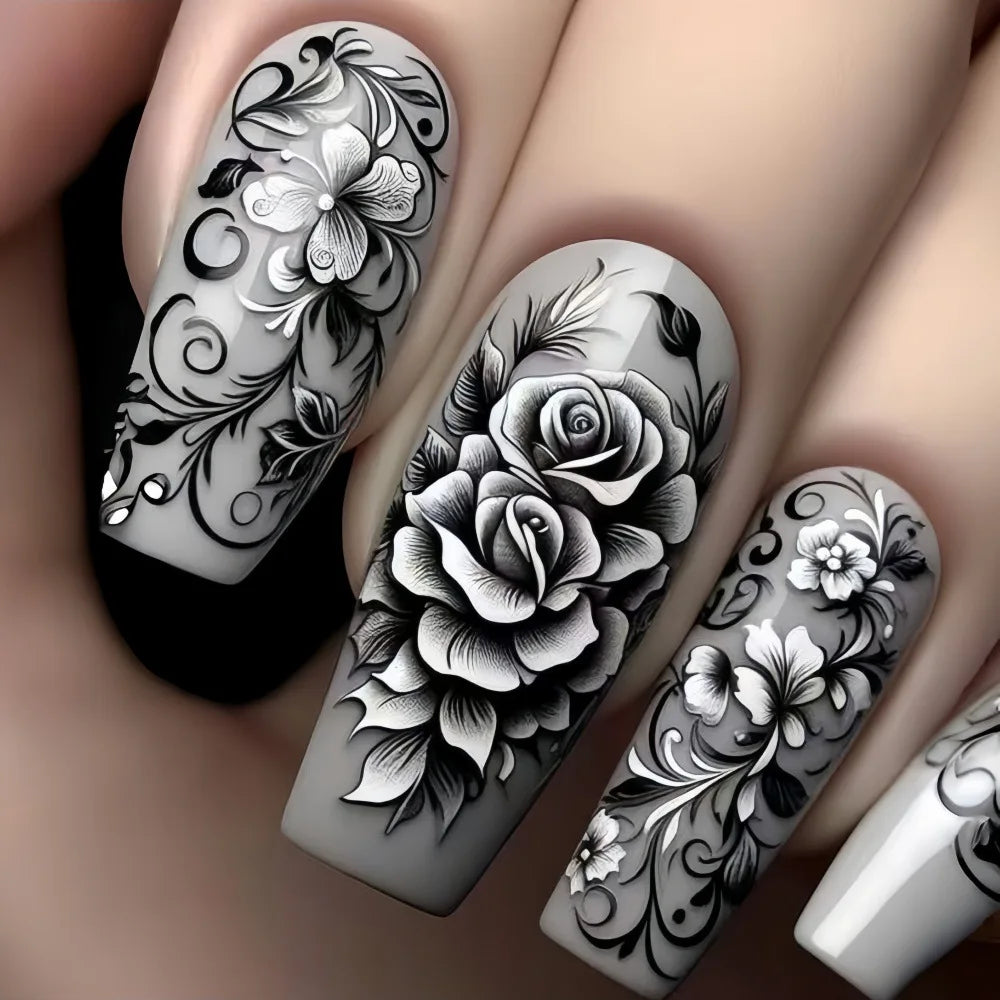Purple Flower Press on Nails 24Pcs Almond/Coffin Wearable Fake Nails Flower Printed Woman DIY Manicure Acrylic False Nails Tips