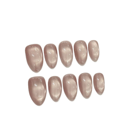 10pcs Handmade Press On Nails Solid Color Glossy Glass Beads Cat's Eye False Nails Full Cover Short Almond Fake Nail For Women