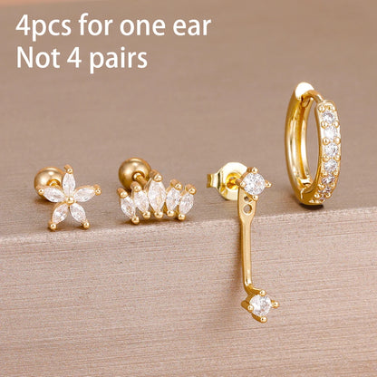 4PCS Stainless Steel Circle Huggie Hoop Earrings Set for Women Gold Color Unique Zircon Flower Stud Earring Piercing Jewelry