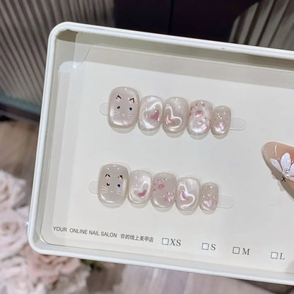 10pcs Handmade Wearable Nails Short Ballet Shape Fashion Light Pink Cat Eye Cute Kitten Claw with Heart False Nails for Party