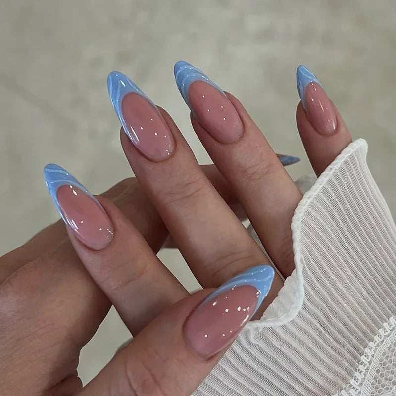 24Pcs Mid-length Almond Press on Fake Nails Shiny Powder French Design False Nails Simple Nude Detachable Full Cover Nails Tips