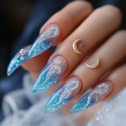Medium fake nails for women gilrs gradient blue pink starry sky star moon Y2K design Almond nail tips press on false nail set