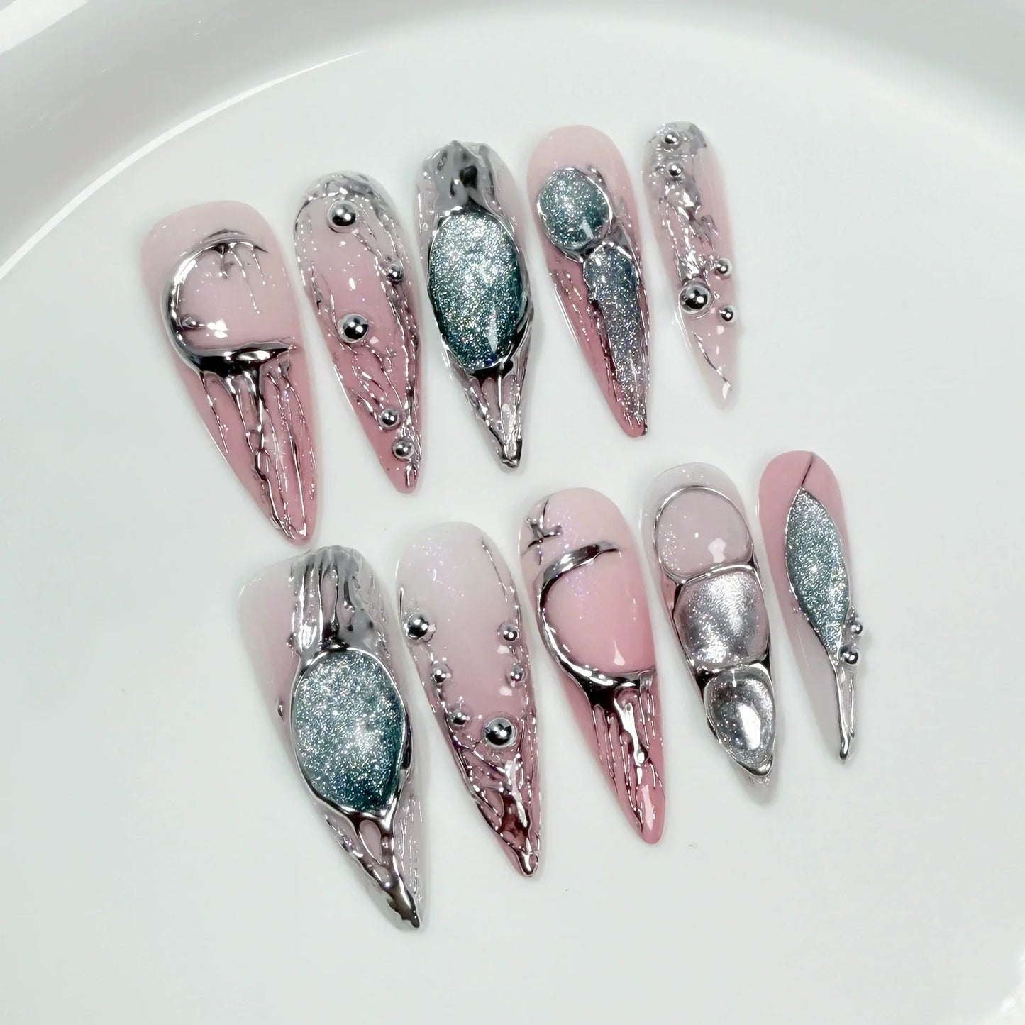 10Pcs Black Handmade Press On Nails Coffin Fake Nails Full Cover Gradient Metal Contrast Artificial Manicure Wearable Nail Tips