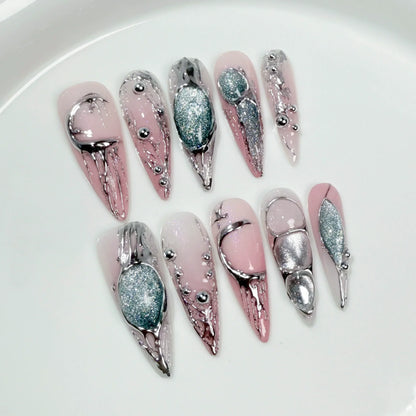 10Pcs Black Handmade Press On Nails Coffin Fake Nails Full Cover Gradient Metal Contrast Artificial Manicure Wearable Nail Tips
