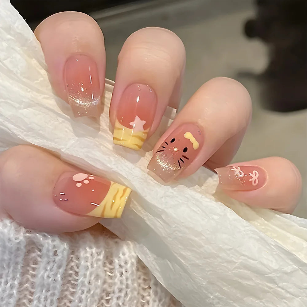 24Pcs Pink Cat Blue Love Cute Short Ballet Press on False Nails Sweet French Cat Eye Bow Star Designs Style Detachable Nails Set