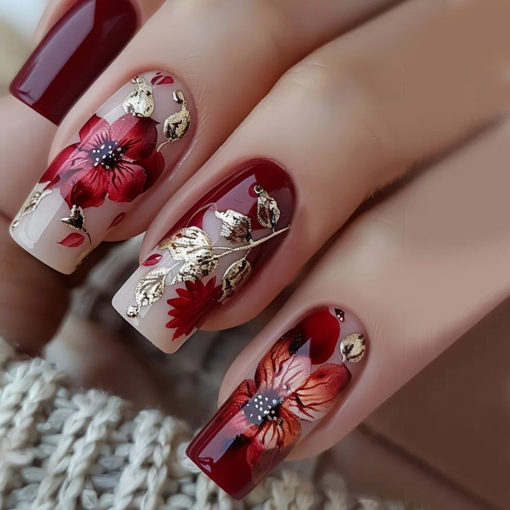 24pcs/set Medium fake nails for women girls glossy green golden red flowers New year Square ballet nail tips press on false nail