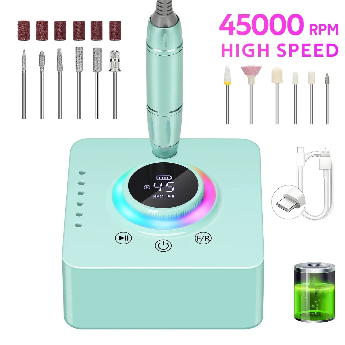 DianaBeauty 45000RPM Rechargeable Nail Drill Machine Nail Polish Polisher Electric Manicure Sander Low Noise Nail Salon Tools