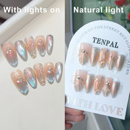 10Pcs Handmade Press on Nails Long Ballet Blue Fake Nails with 3D Ocean Moon Rhinestone Design False Nails Full Cover Nail Tips