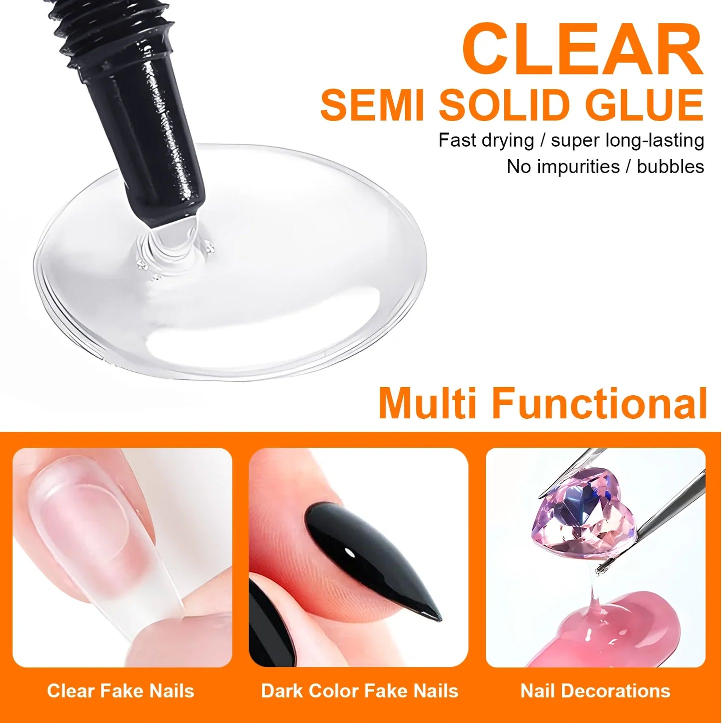Quick-Dry Nail Glue，Semi solid Super Strong Adhesive For Press-On Nails，Rhinestones，Acrylic Nails，Fake Nail，No need UV/LED Cured