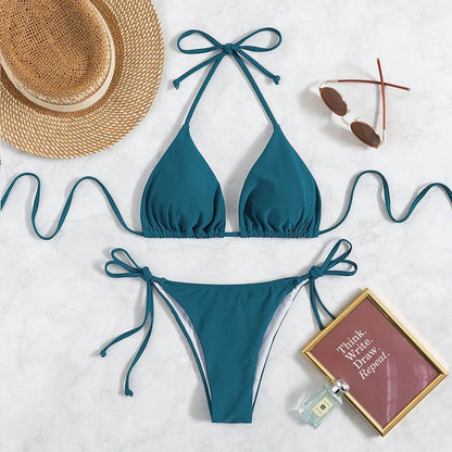 Bikini three-point swimsuit sexy drawstring strap halter bikini solid color lace-up split swimsuit
