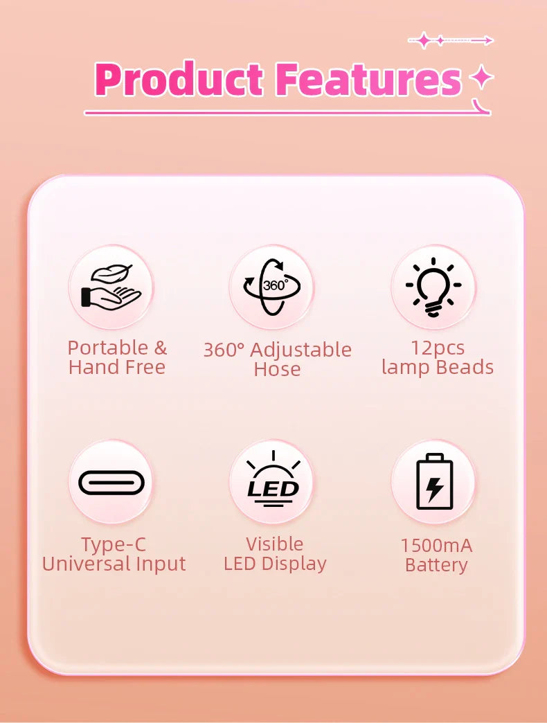 36W Rechargeable UV LED Nail Lamp Cordless 12LEDS Nail Dryer 360° Bendable Fast Drying Nail Manicure Polish Glue Gel Curing Lamp