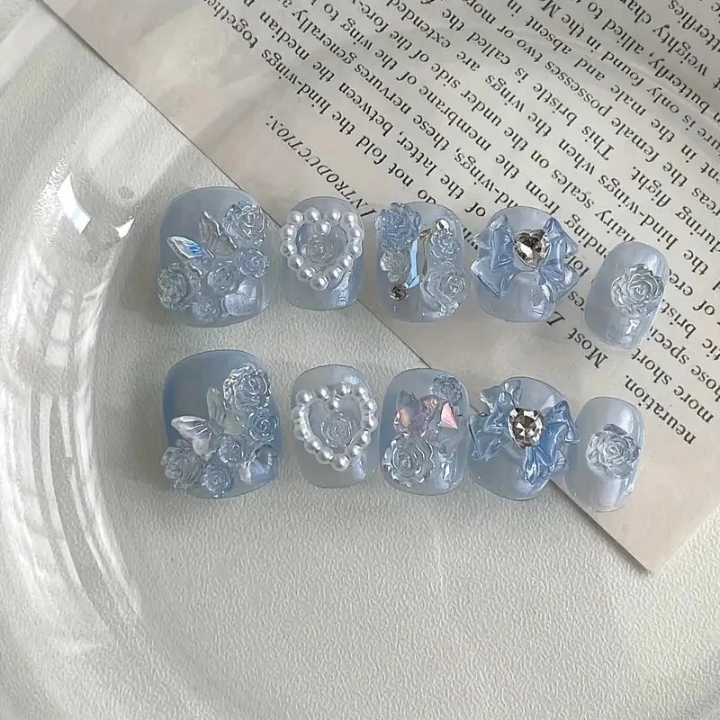 10pcs high-end Short love bow in blue handmade fake nails, Light luxury light blue women's nail decoration patch