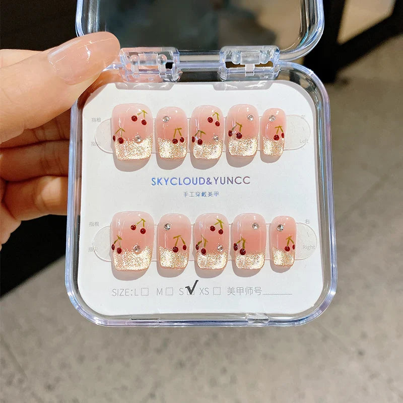 10Pcs French Cat Eye Square Handmade Press on Nail Fake Nails with Cherry Pattern Handmade Wearable False Nail Uñas Postizas 네일팁