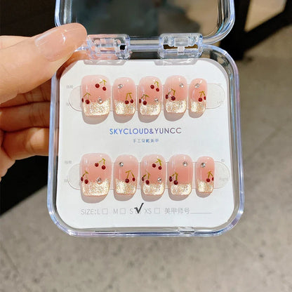 10Pcs French Cat Eye Square Handmade Press on Nail Fake Nails with Cherry Pattern Handmade Wearable False Nail Uñas Postizas 네일팁