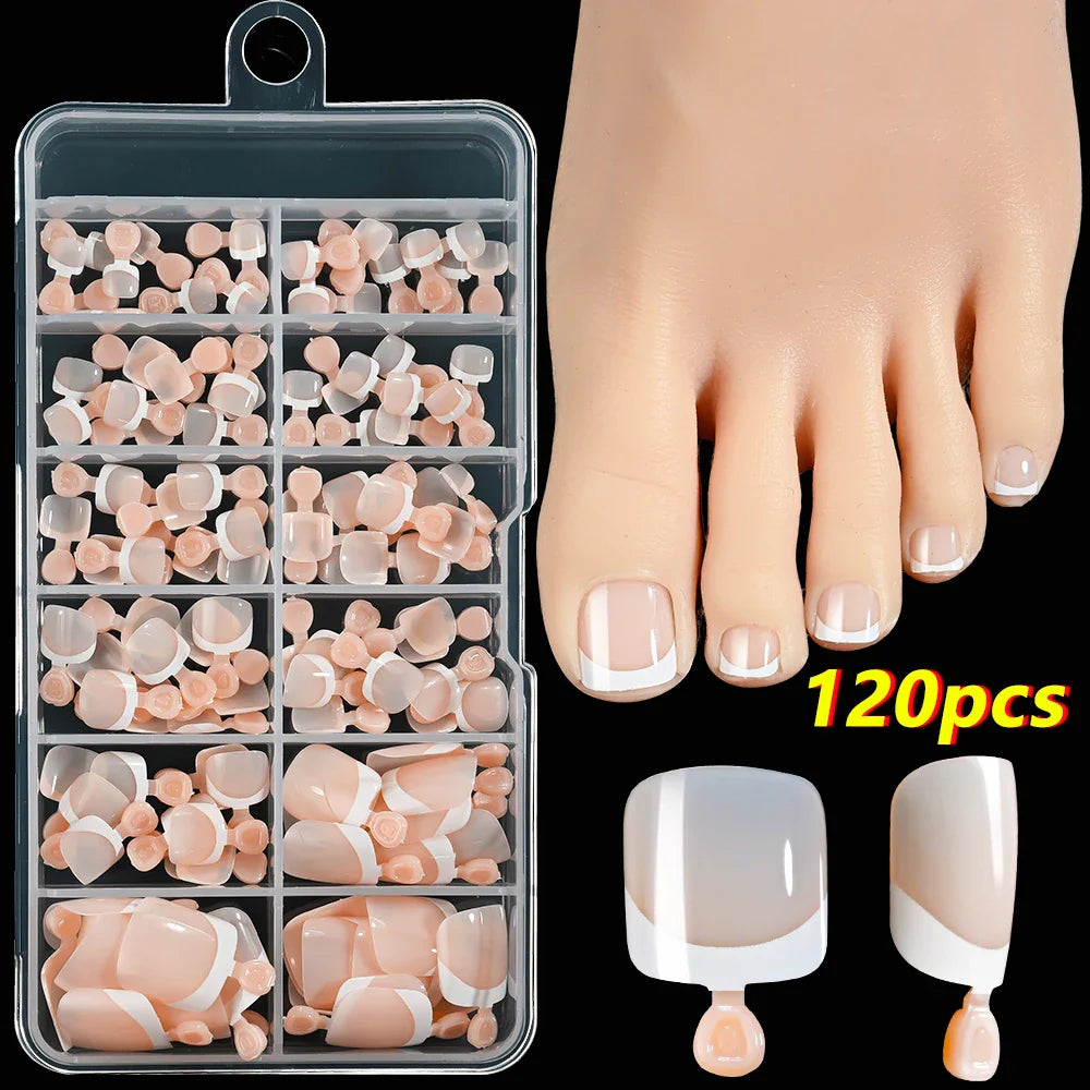 120pcs/Box French Tip Press-On Toenails Pink Color System Square Shape Foot Nails Short Length Glossy Finish False Toe Nails Set