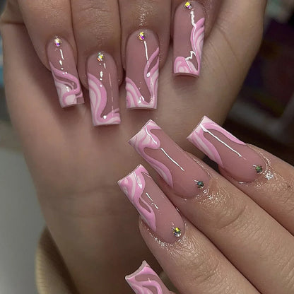 24Pcs Mid-length French Pink Square Head Press on False Nails Flash Drill Wearable Finished Manicure Full Cover Nail Tips