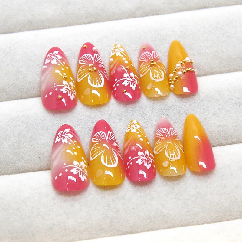 24pcs Gold Pink Flower Press On Nails Glossy Almond Autumn Wearable Fake Nails With Pearl Gold Ball Decor Ballet False Nail Tips