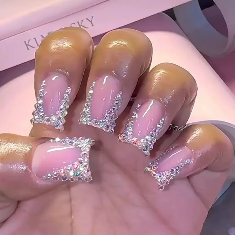 24Pcs Mid-length French Pink Square Head Press on False Nails Flash Drill Wearable Finished Manicure Full Cover Nail Tips
