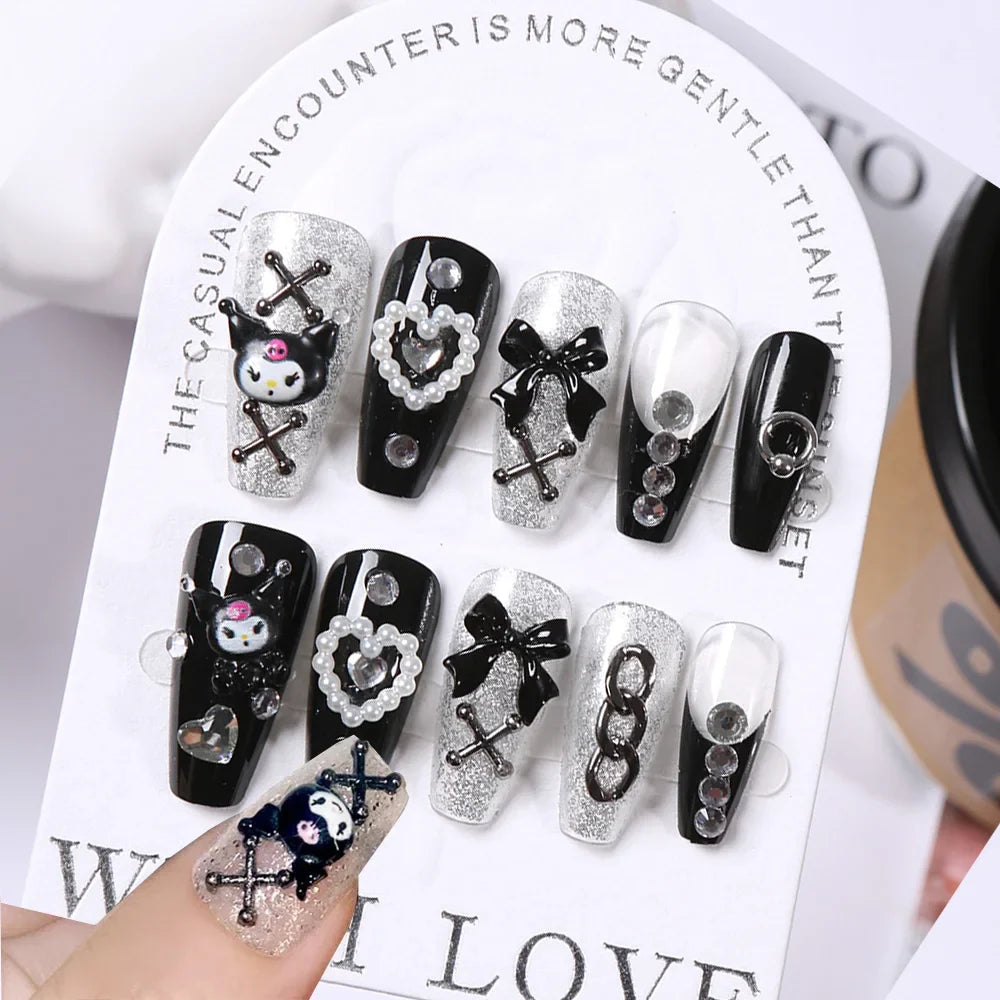 24Pcs Pink French Leopard Hello Kitty False nails 3D Y2k Star Heart Kitty Cat Rhinestones Press On Nails Cute Cartoon Fake Nails