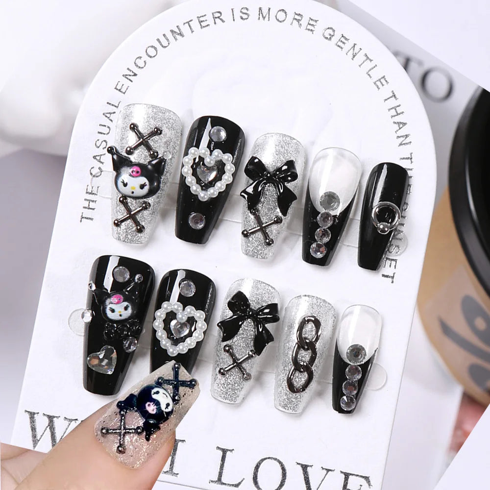 24Pcs 3D kuromi press on nails Y2K Cartoon Handmade Fake Nails Black Gel nail Wearable Nails Cinnamoroll Melody Anime False Nail