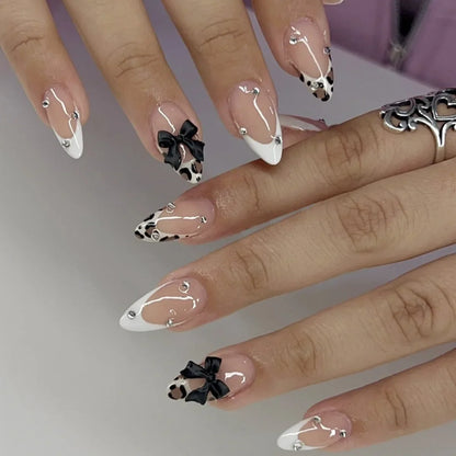 24pcs French Almond Press on Nails Flower False Nails Wearable Stick-on Nails Fake Nail Uñas Postizas Mujer Накладные Ногти 네일팁