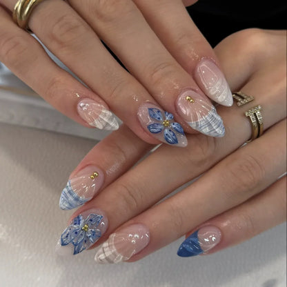 24pcs French Almond Press on Nails Flower False Nails Wearable Stick-on Nails Fake Nail Uñas Postizas Mujer Накладные Ногти 네일팁