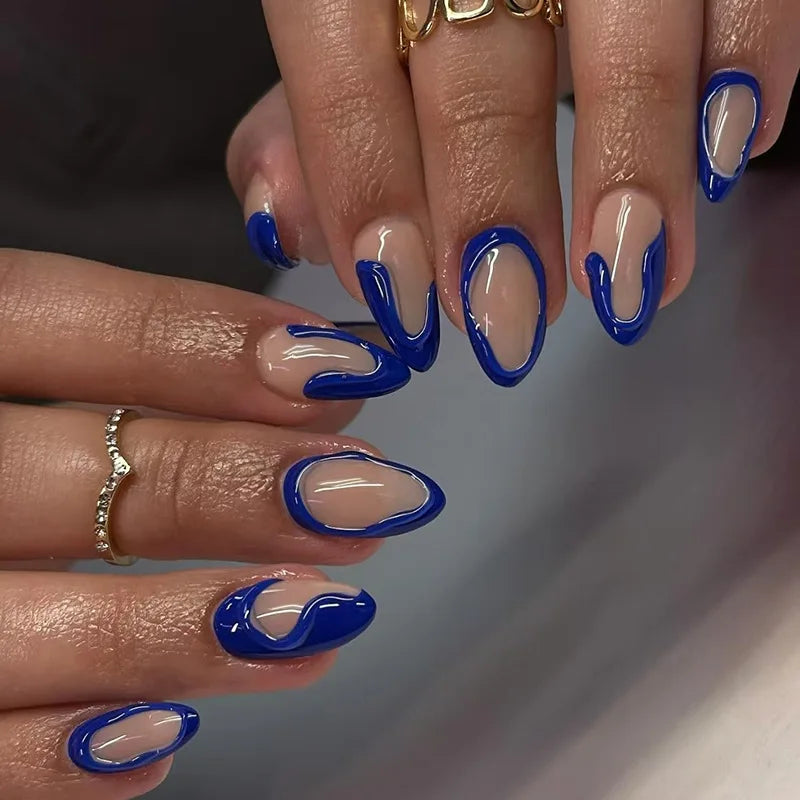 24Pcs Blue French Fake Nails Short Almond Nails Set Press on Wearable Wave Line Golden Star Design False Nails Manicure Tips
