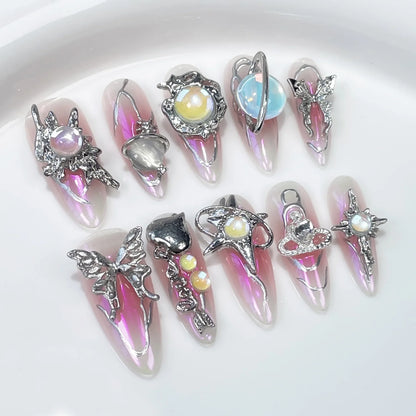10pcs Stiletto Almond Press On Nails Dark Blue Cat Eye y2k False Nails With 3D Design Artifical Detachable Full Cover Nail Tips