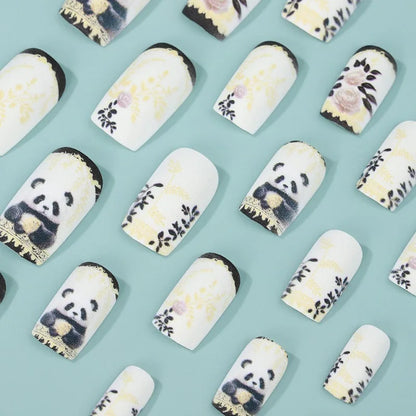 24Pcs Cute Square Stick on Fake Nail with Cartoon Panda Flower Pattern French Nail Art Acrylic Detachable Fashion False Nail Tip