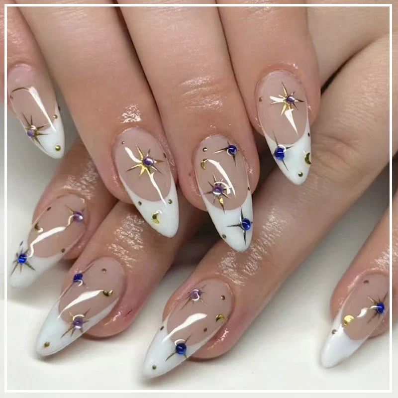 24Pcs Cyber Punk Style Almond False Nails Press on Pink Blush Full Cover Fake Nails 3D Ombre Wearable Acrylic Nail Manicure Tips