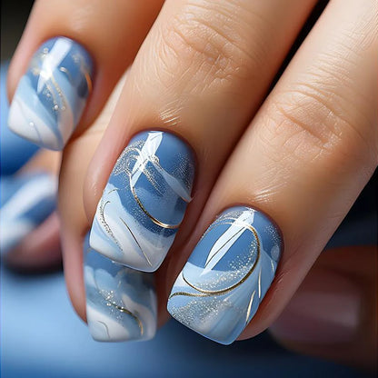 24Pcs Fashion Fake Nails Press on Short Square Head False Nail Art Black Starlit Sky Design Artifical Full Cover Nail Tips